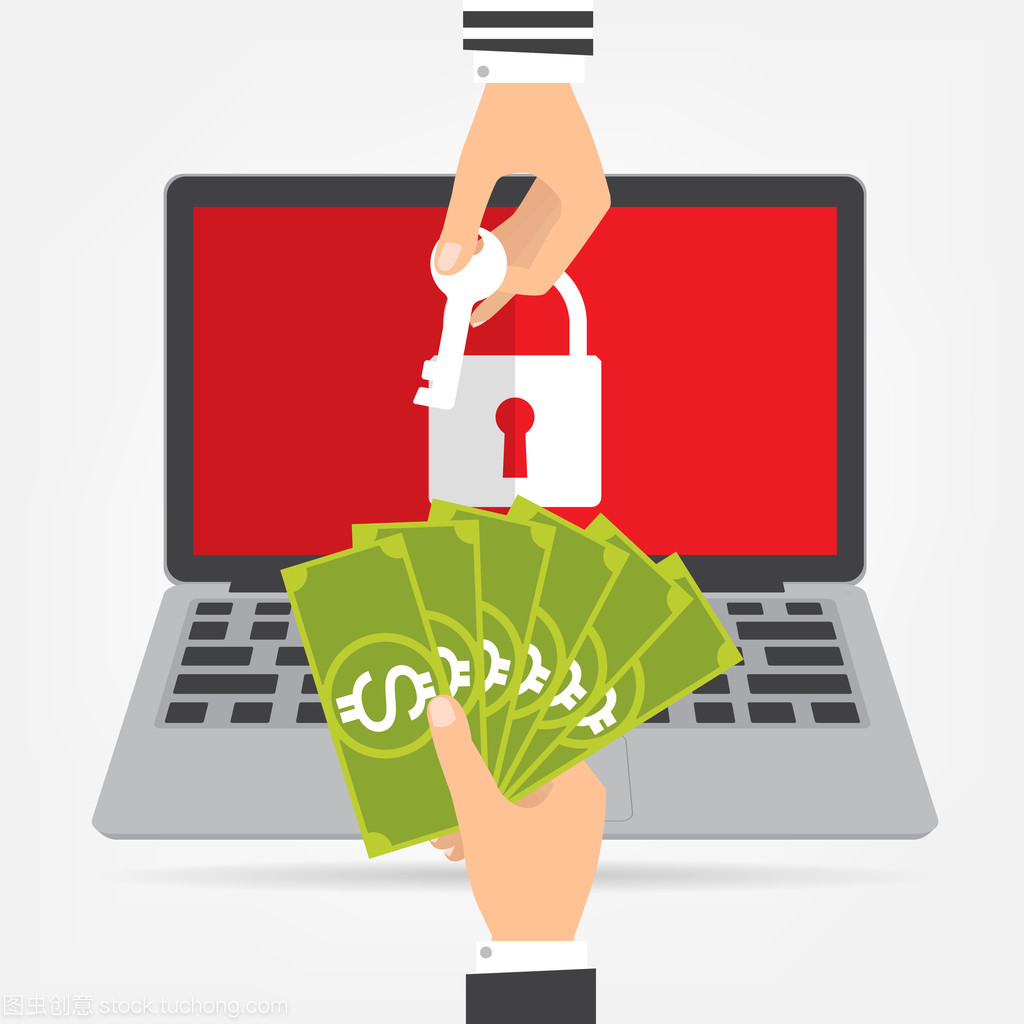 商人只手握住钱钞票支付关键从黑客为解锁的膝上型电脑有勒索恶意软件病毒计算机